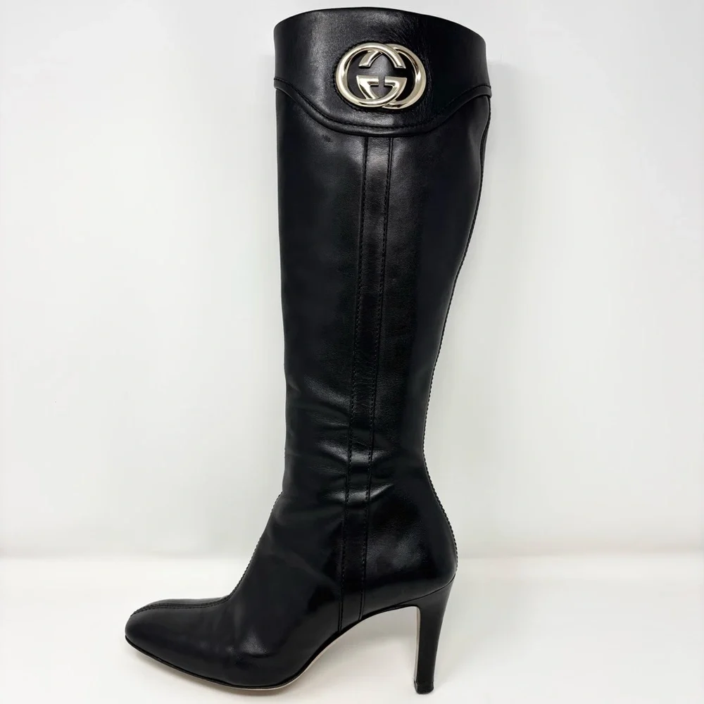 Gucci by Tom Ford GG Logo Black Leather Knee High Boots Size 8.5 Vintage - Picture 7 of 16